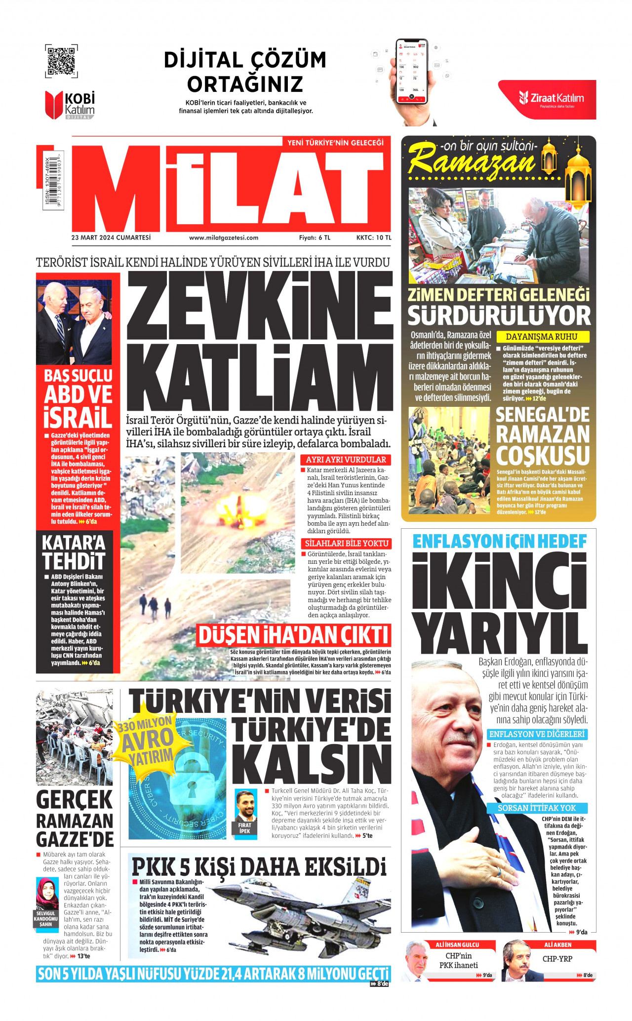 MİLAT gazetesinin 23 Mart 2024 tarihli birinci sayfası
