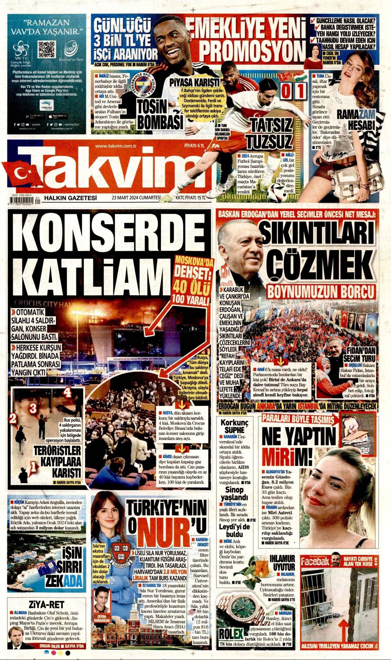 TAKVİM gazetesinin 23 Mart 2024 tarihli birinci sayfası