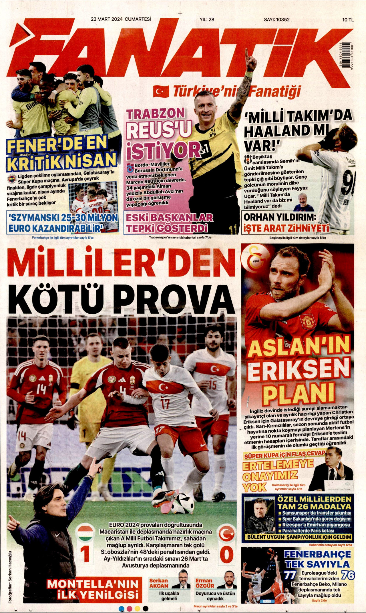 FANATİK gazetesinin 23 Mart 2024 tarihli birinci sayfası