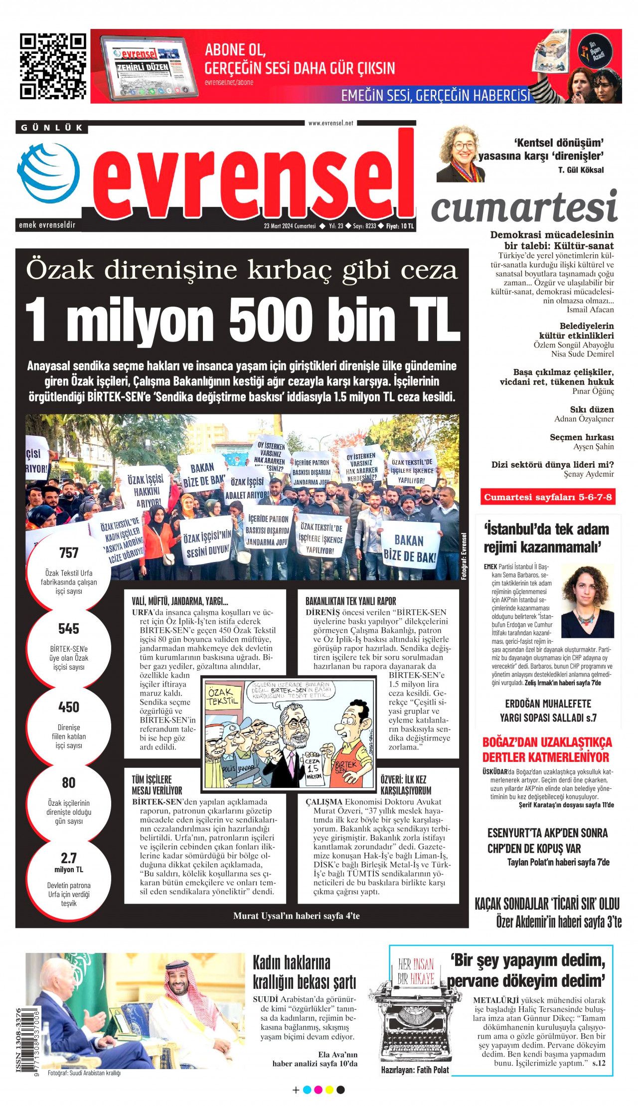 EVRENSEL gazetesinin 23 Mart 2024 tarihli birinci sayfası