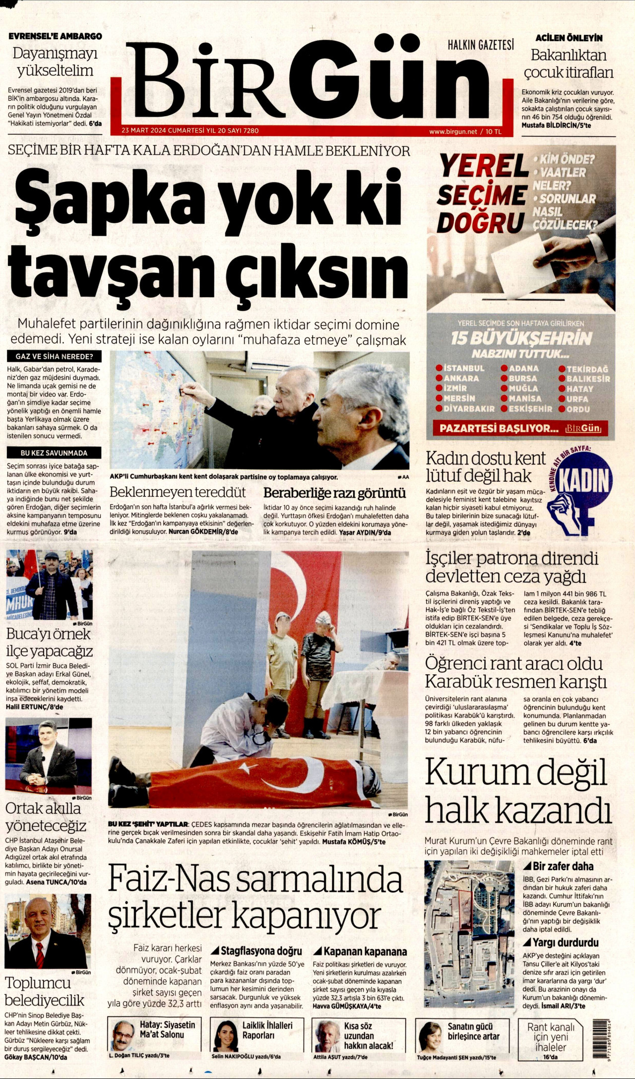 BİRGÜN gazetesinin 23 Mart 2024 tarihli birinci sayfası