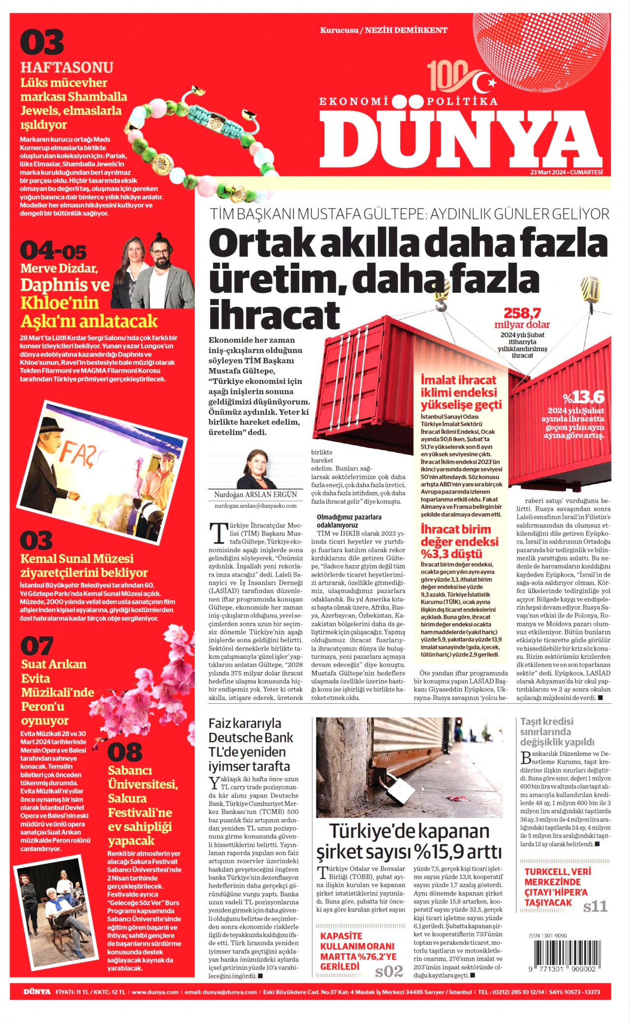 DÜNYA gazetesinin 23 Mart 2024 tarihli birinci sayfası