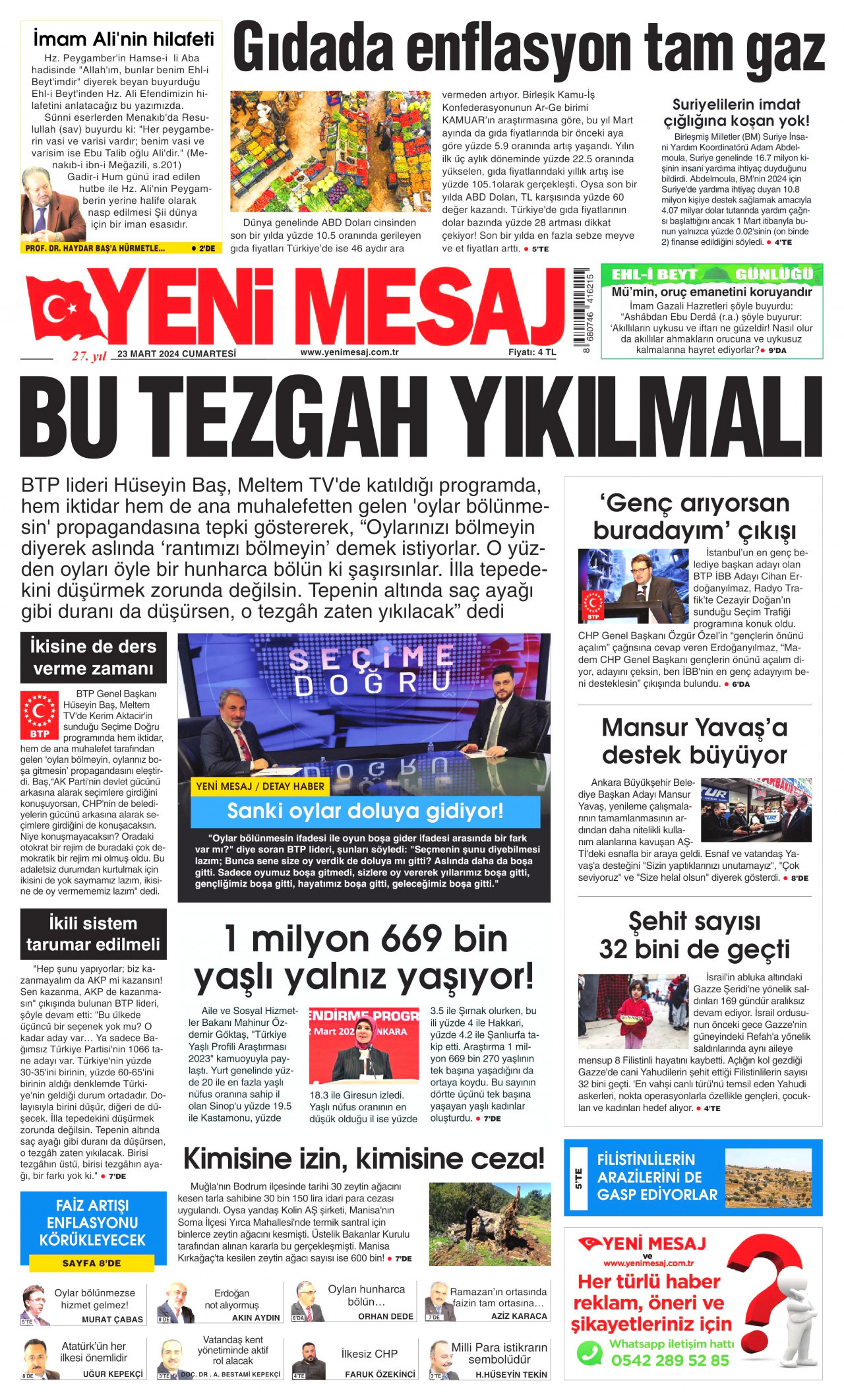 YENİ MESAJ gazetesinin 23 Mart 2024 tarihli birinci sayfası