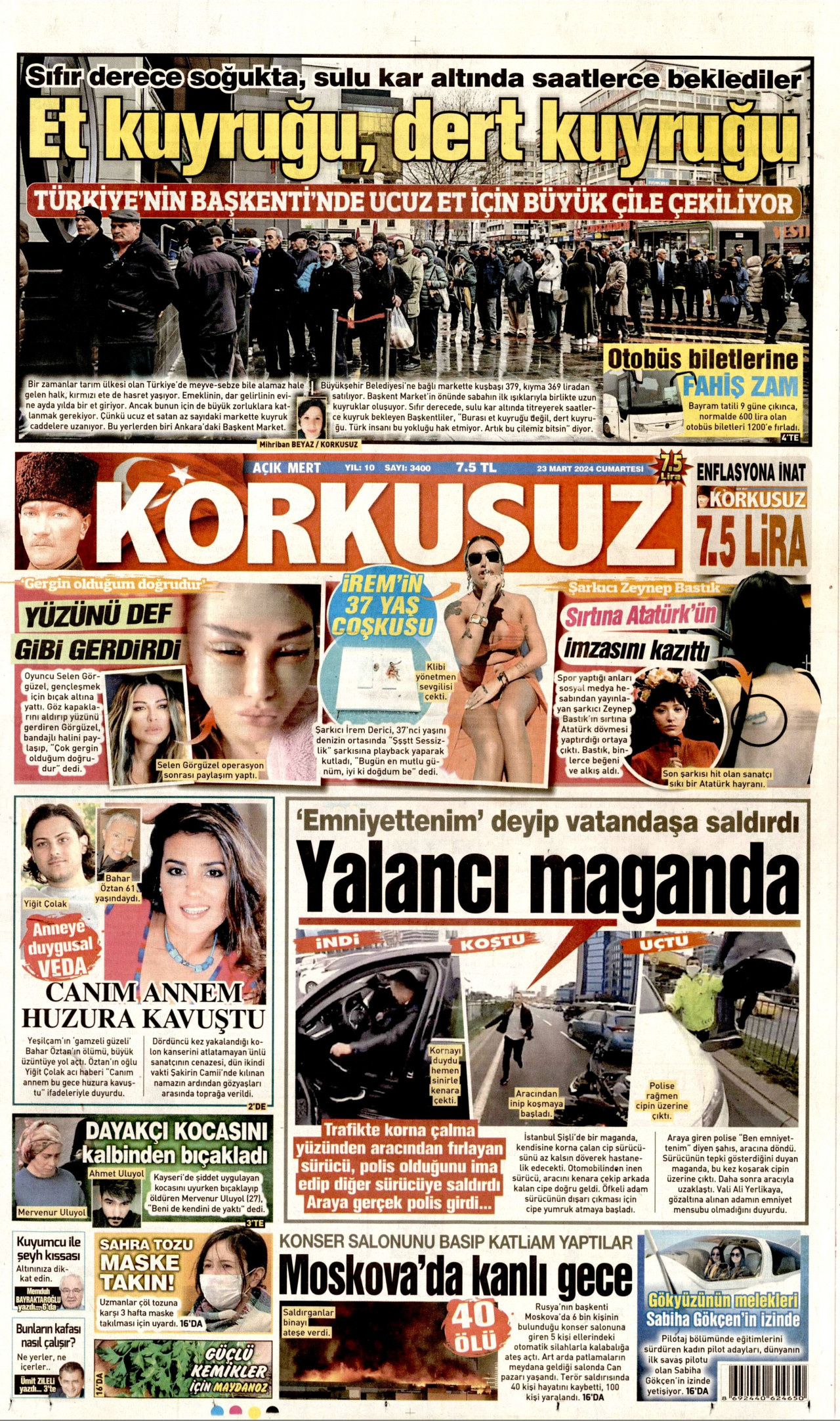 KORKUSUZ gazetesinin 23 Mart 2024 tarihli birinci sayfası