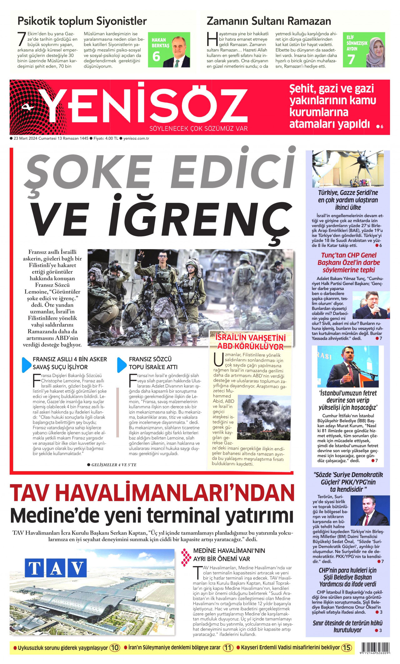 YENİ SÖZ GAZETESİ gazetesinin 23 Mart 2024 tarihli birinci sayfası