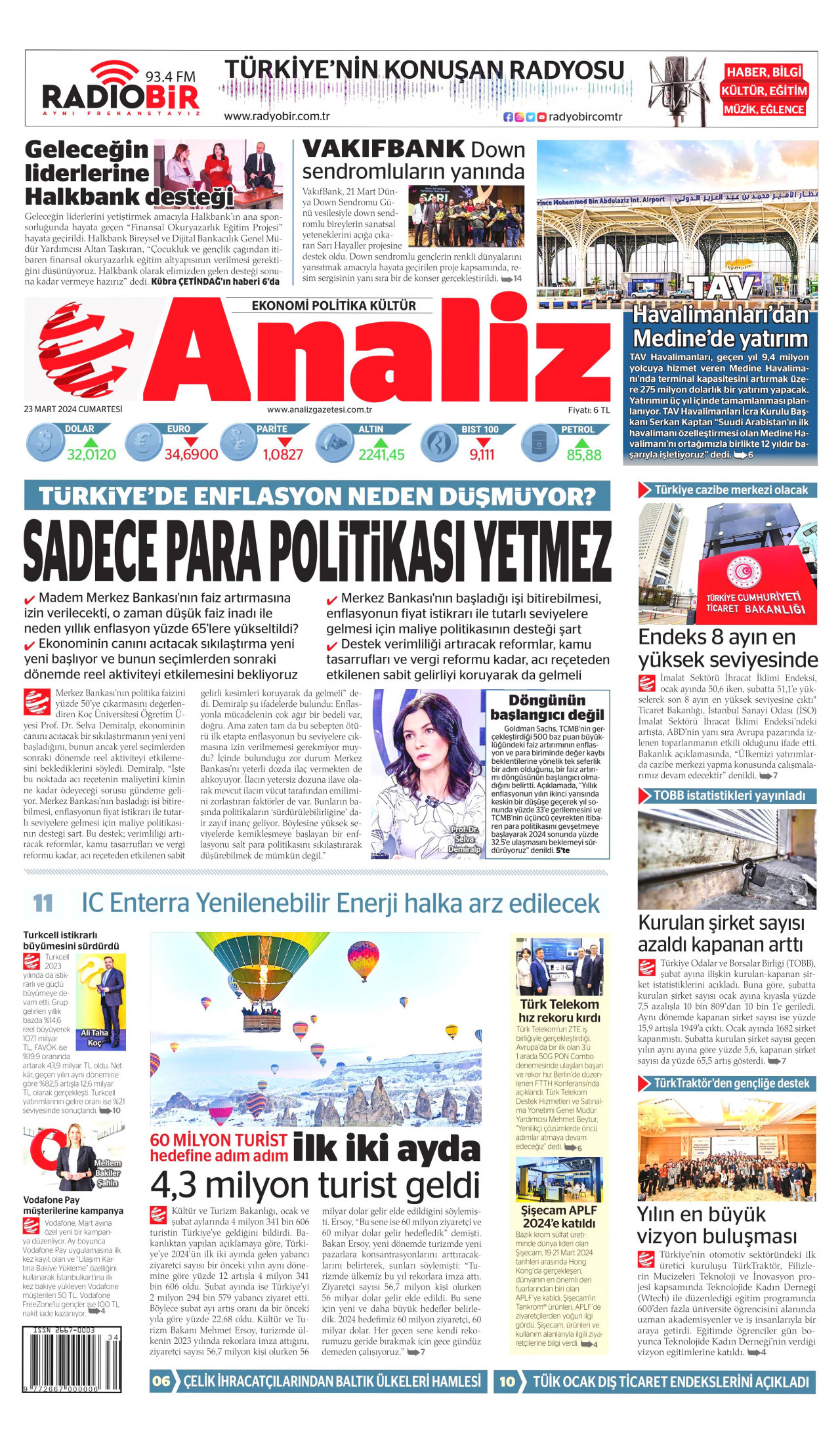 ANALİZ gazetesinin 23 Mart 2024 tarihli birinci sayfası