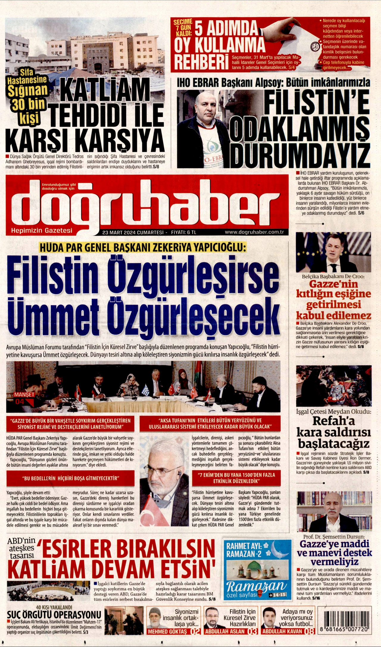 DOĞRU HABER gazetesinin 23 Mart 2024 tarihli birinci sayfası