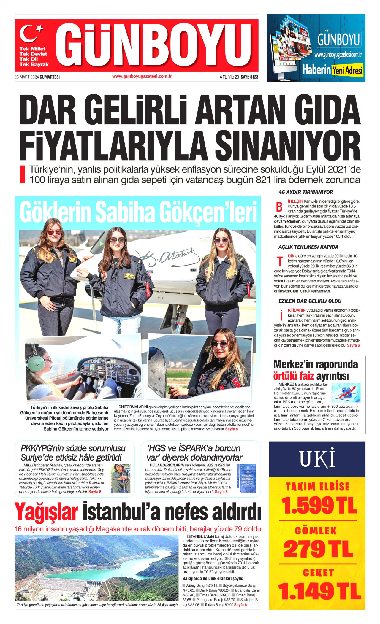 GÜNBOYU gazetesinin 23 Mart 2024 tarihli birinci sayfası