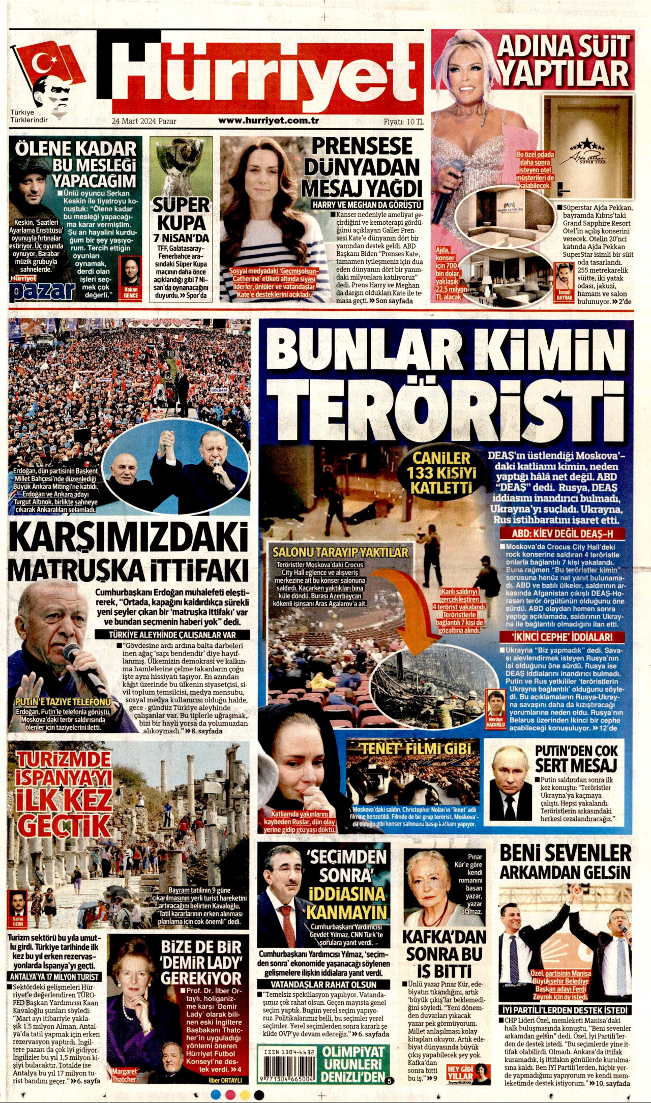 HÜRRİYET gazetesinin 24 Mart 2024 tarihli birinci sayfası