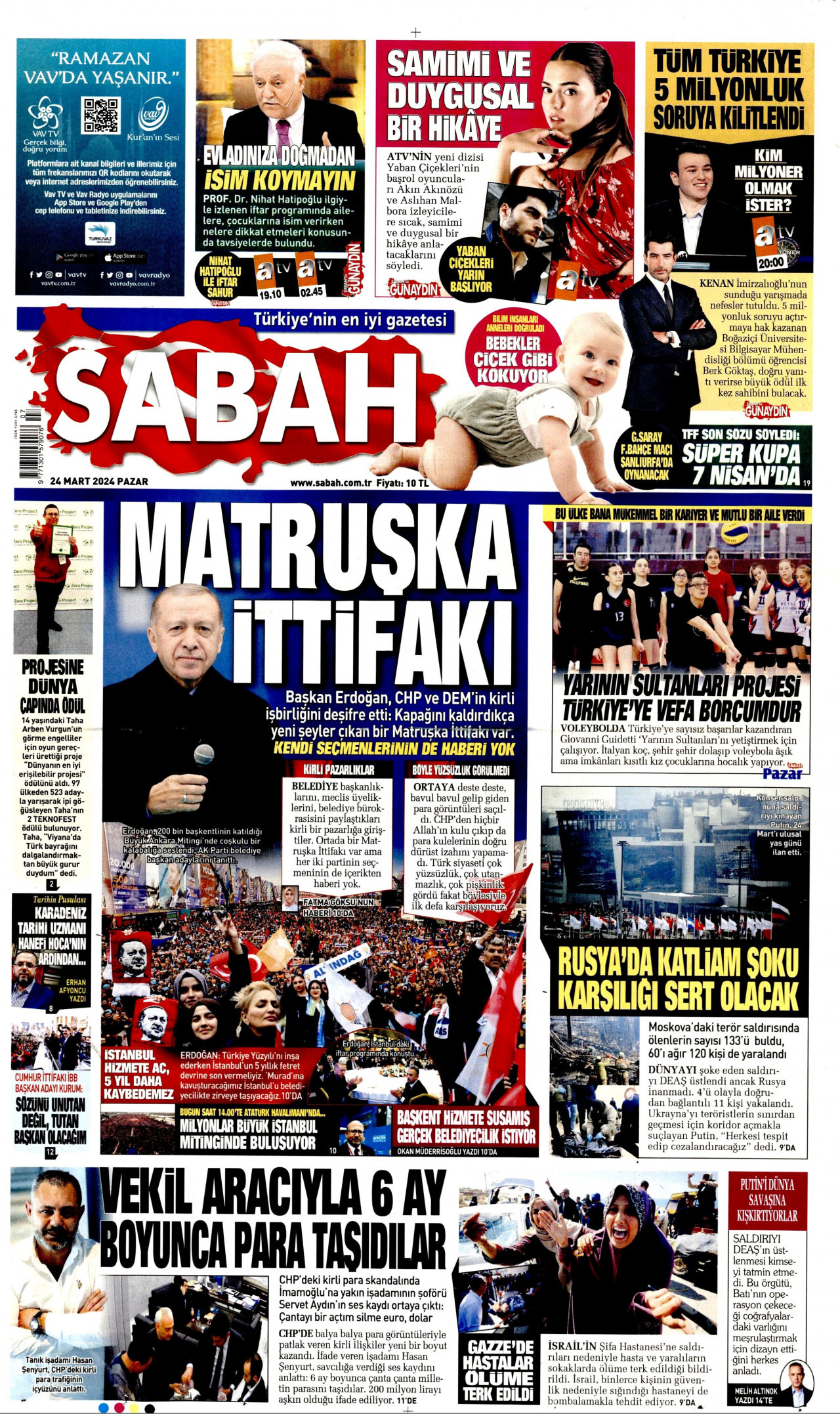 SABAH gazetesinin 24 Mart 2024 tarihli birinci sayfası