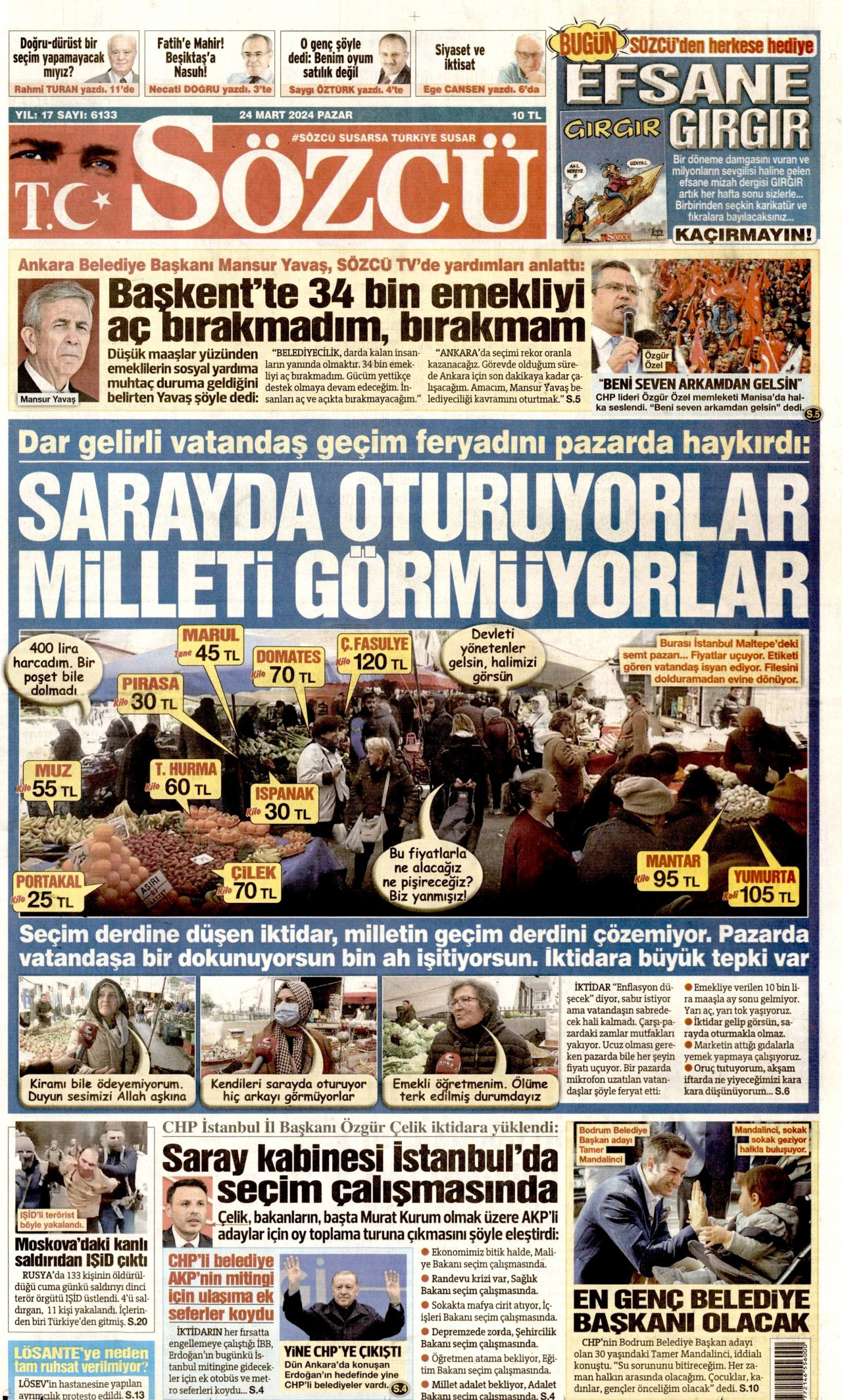 SÖZCÜ gazetesinin 24 Mart 2024 tarihli birinci sayfası