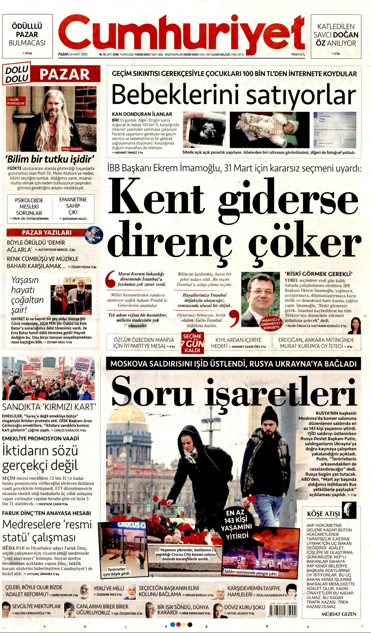 CUMHURİYET gazetesinin 24 Mart 2024 tarihli birinci sayfası