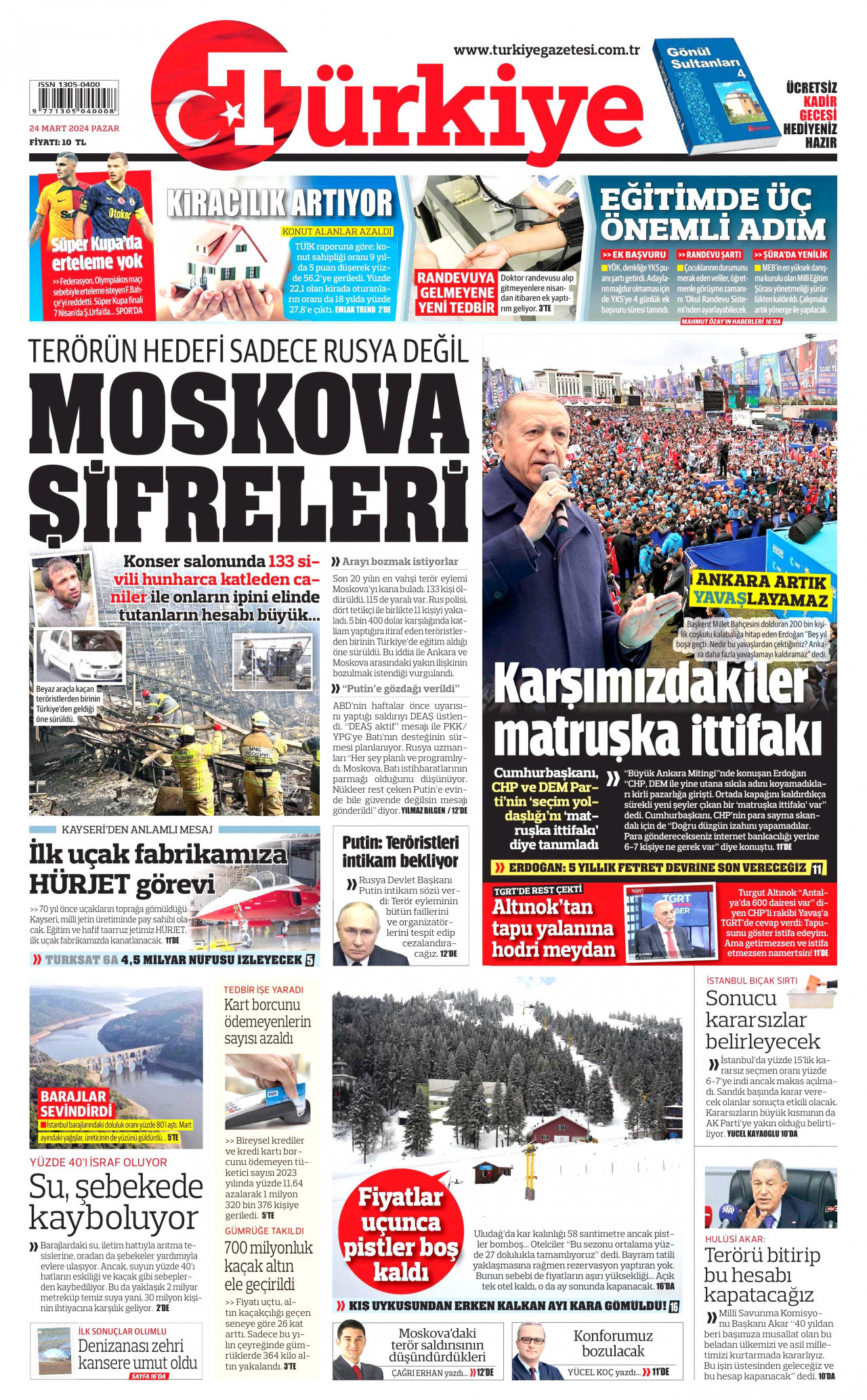 TÜRKİYE GAZETESİ gazetesinin 24 Mart 2024 tarihli birinci sayfası