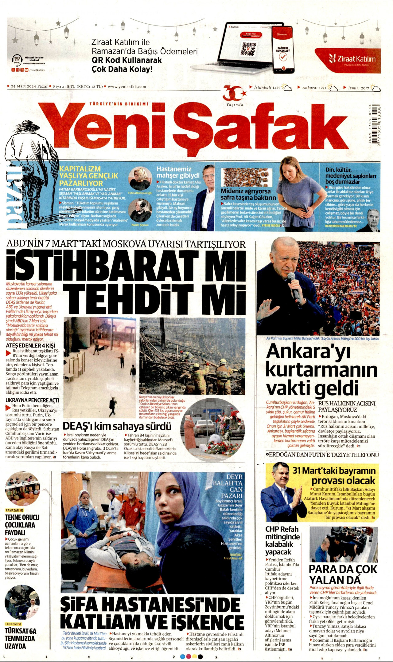 YENİ ŞAFAK gazetesinin 24 Mart 2024 tarihli birinci sayfası