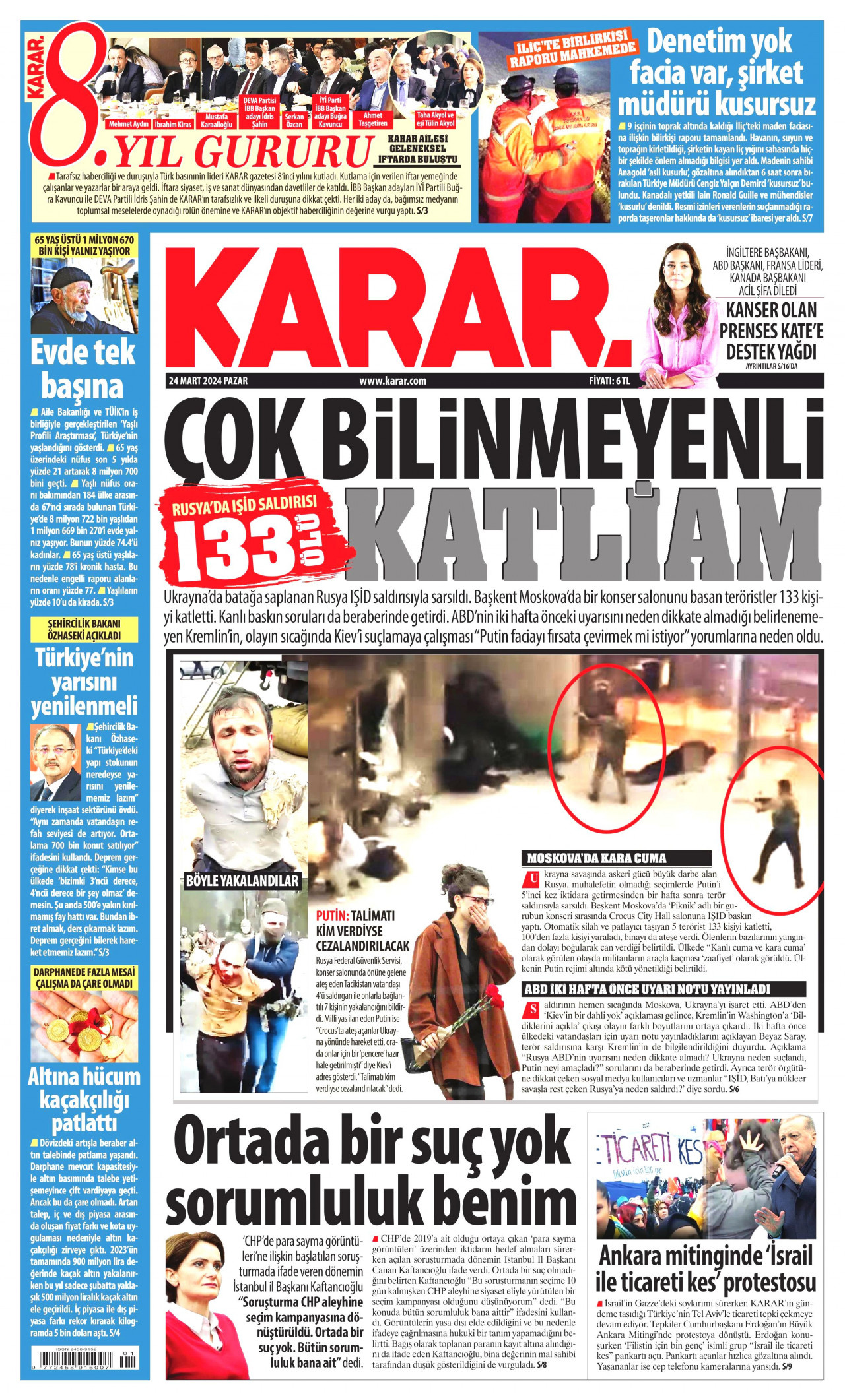 KARAR gazetesinin 24 Mart 2024 tarihli birinci sayfası