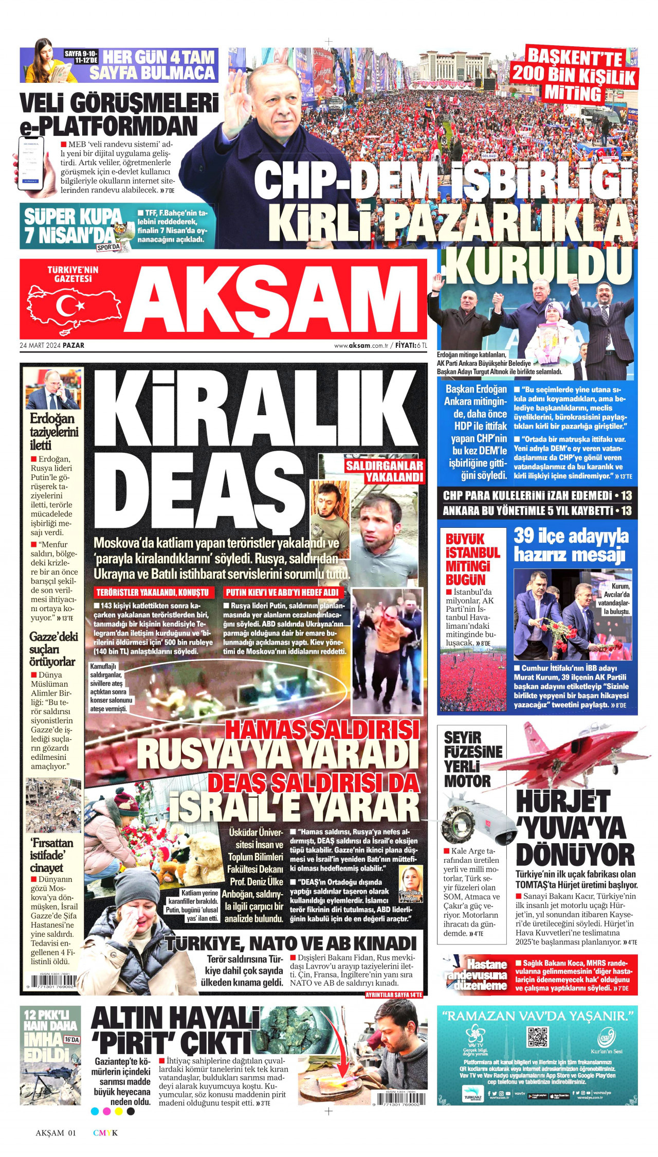 AKŞAM gazetesinin 24 Mart 2024 tarihli birinci sayfası