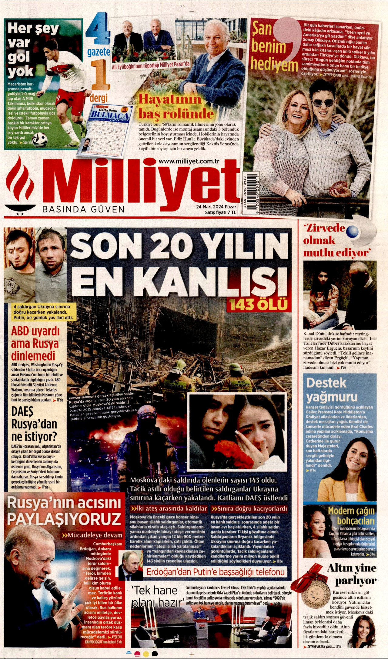 MİLLİYET gazetesinin 24 Mart 2024 tarihli birinci sayfası