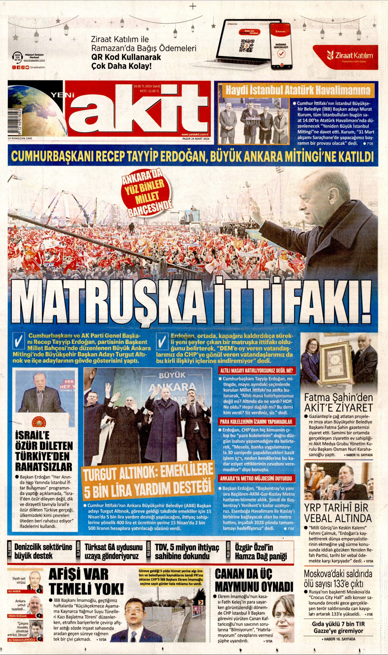 YENİ AKİT gazetesinin 24 Mart 2024 tarihli birinci sayfası
