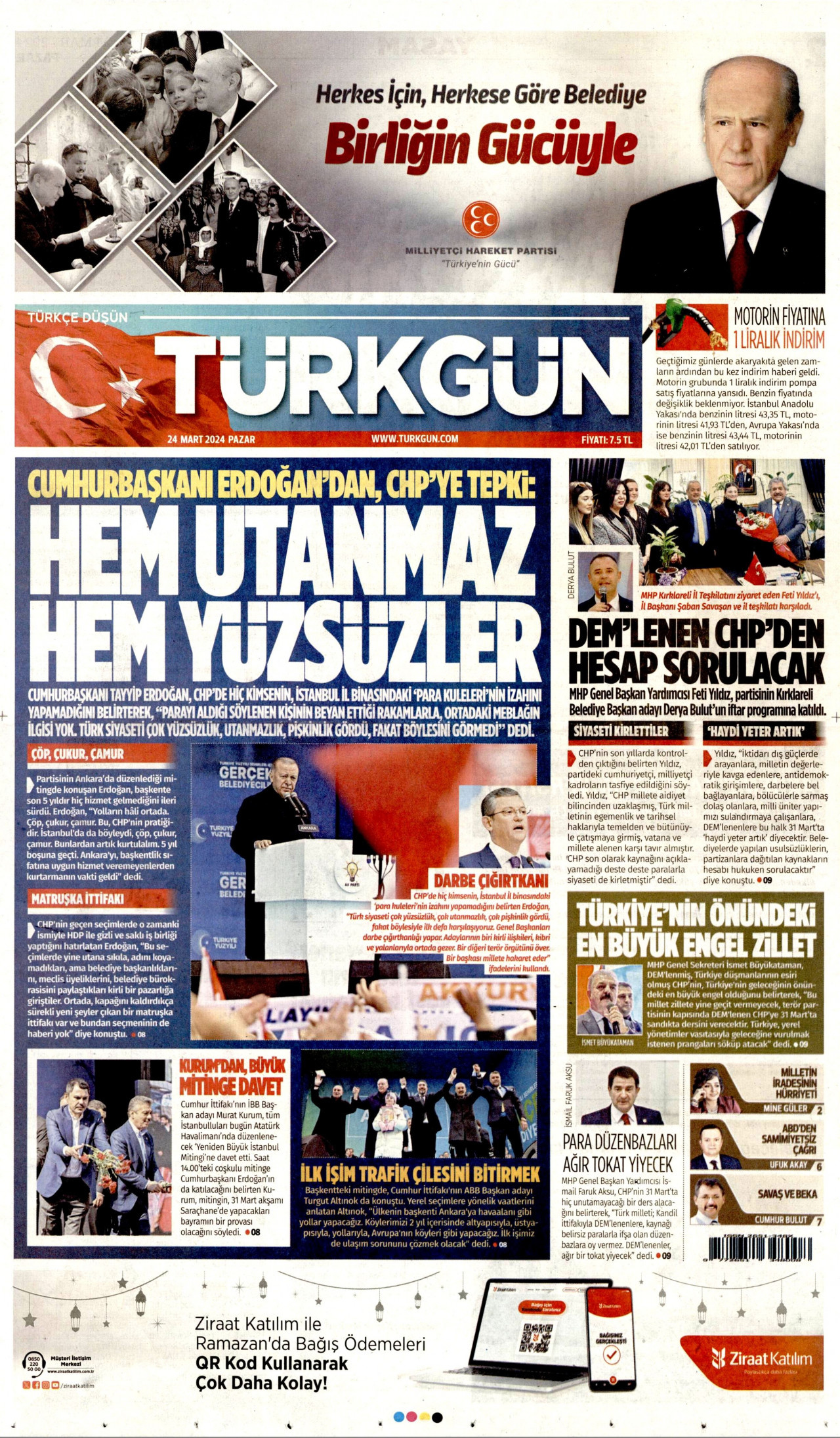 TÜRKGÜN gazetesinin 24 Mart 2024 tarihli birinci sayfası