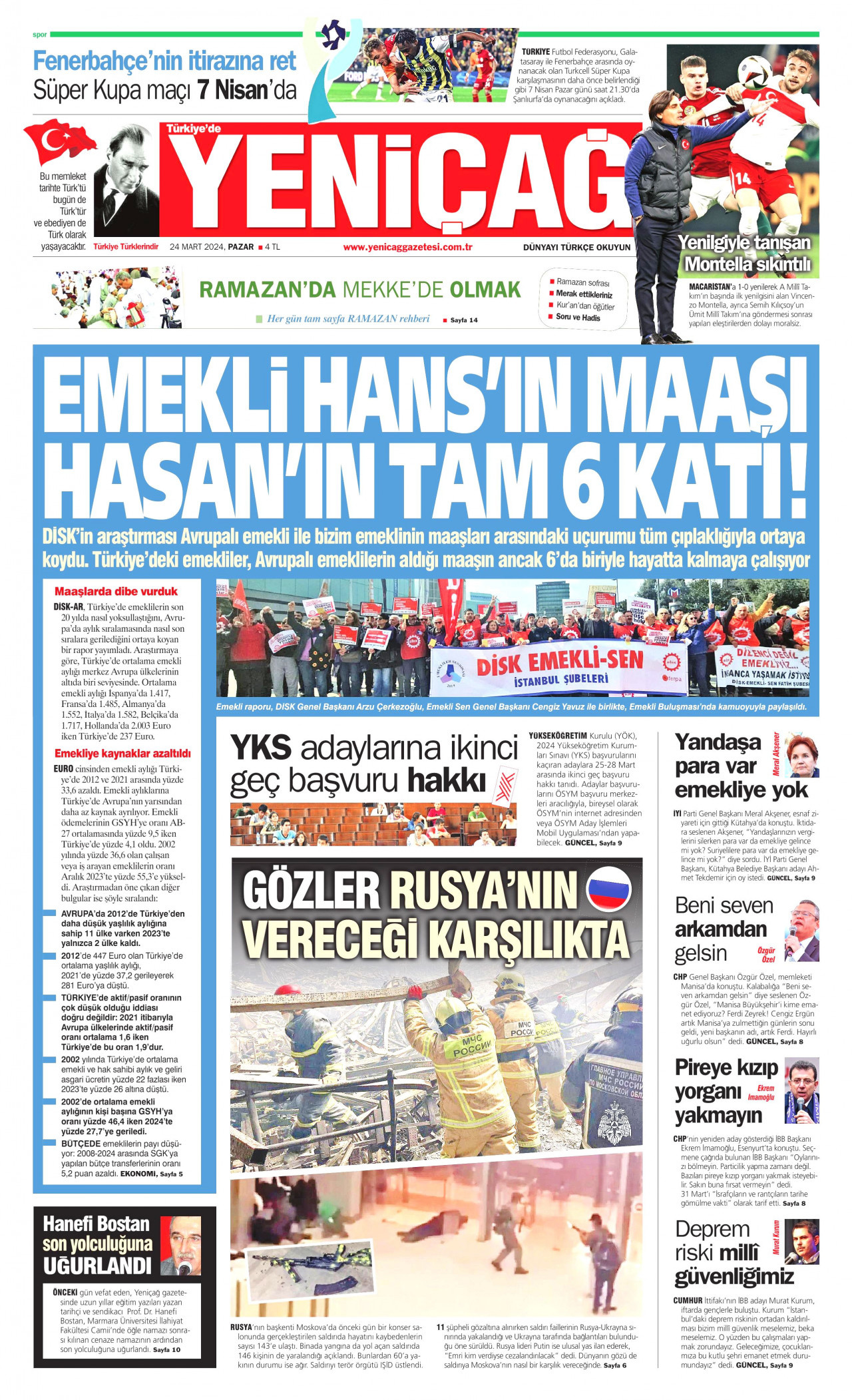 YENİÇAĞ gazetesinin 24 Mart 2024 tarihli birinci sayfası