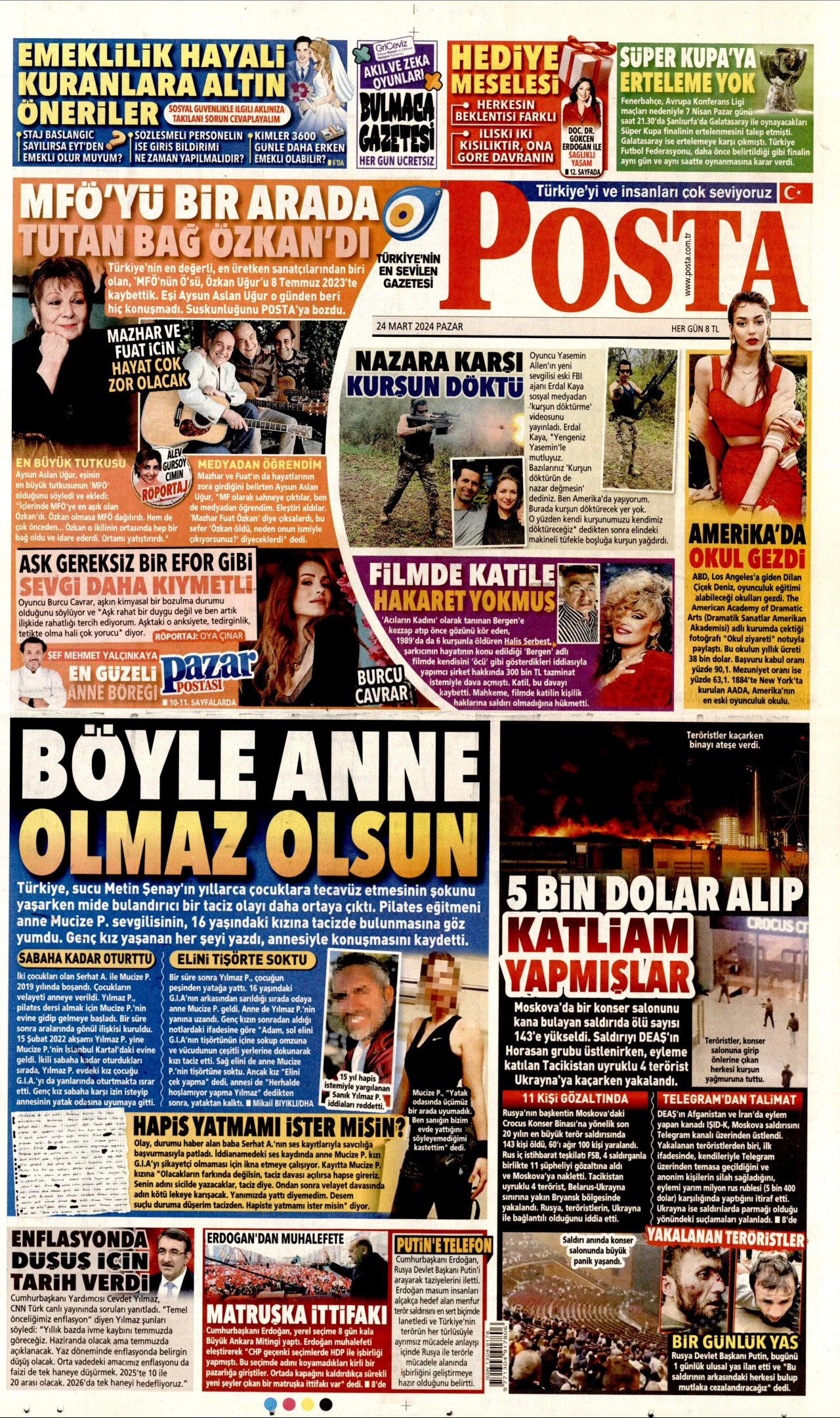 POSTA gazetesinin 24 Mart 2024 tarihli birinci sayfası