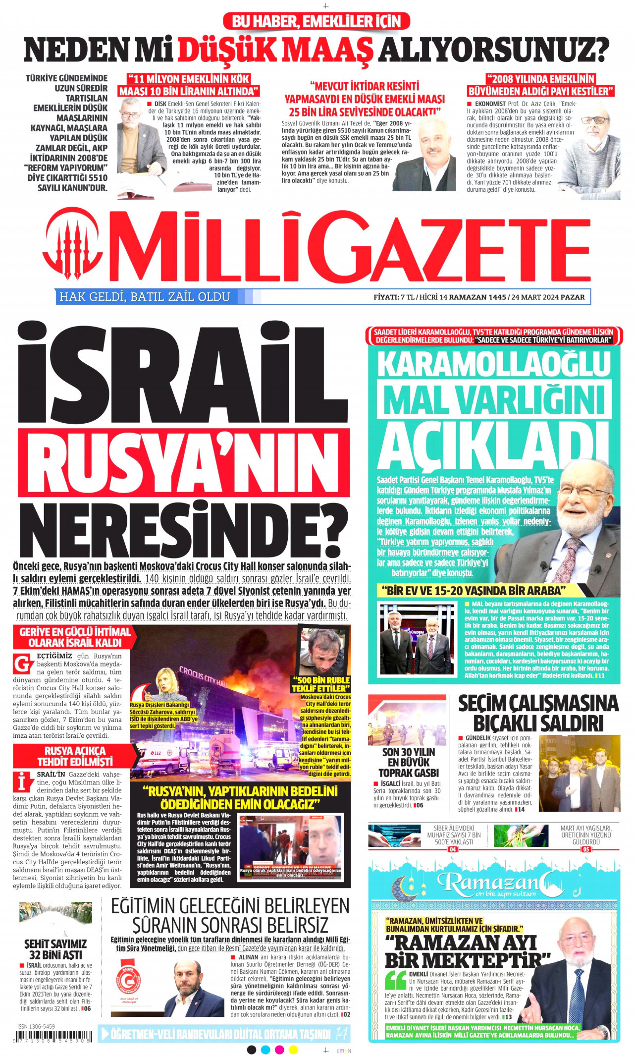MİLLİ GAZETE gazetesinin 24 Mart 2024 tarihli birinci sayfası