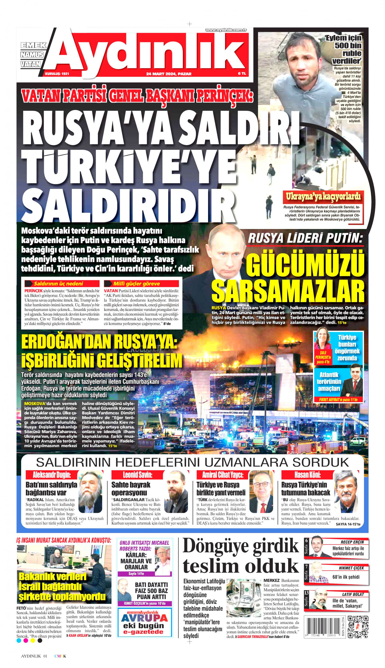 AYDINLIK GAZETESİ gazetesinin 24 Mart 2024 tarihli birinci sayfası