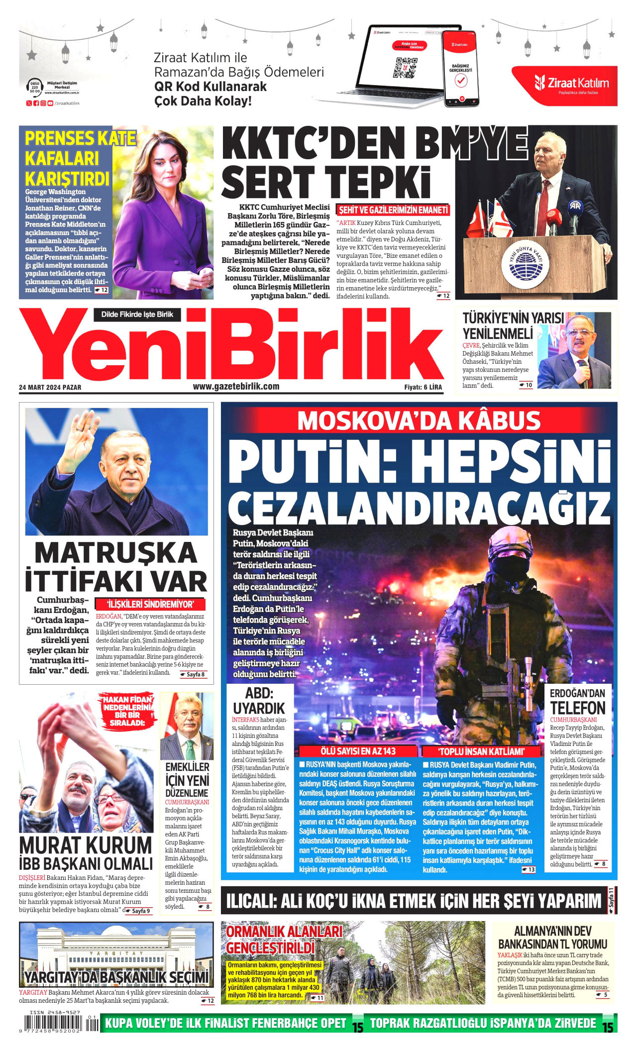 YENİBİRLİK gazetesinin 24 Mart 2024 tarihli birinci sayfası