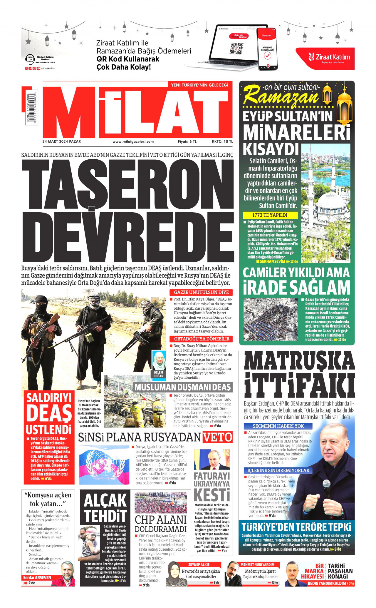 MİLAT gazetesinin 24 Mart 2024 tarihli birinci sayfası