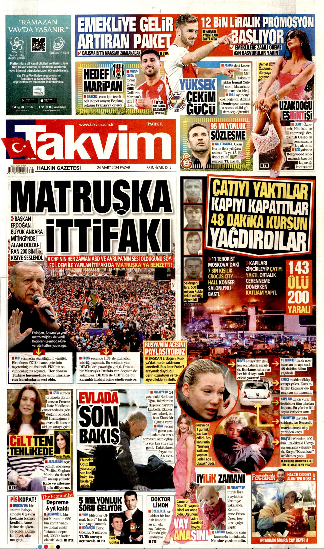 TAKVİM gazetesinin 24 Mart 2024 tarihli birinci sayfası