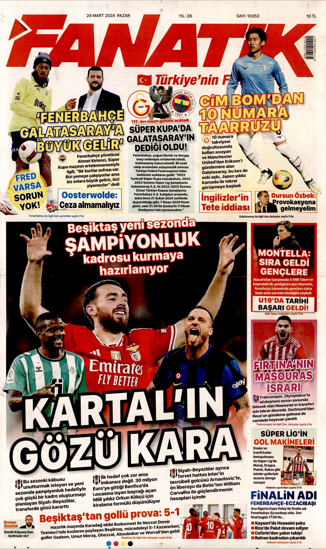 FANATİK gazetesinin 24 Mart 2024 tarihli birinci sayfası