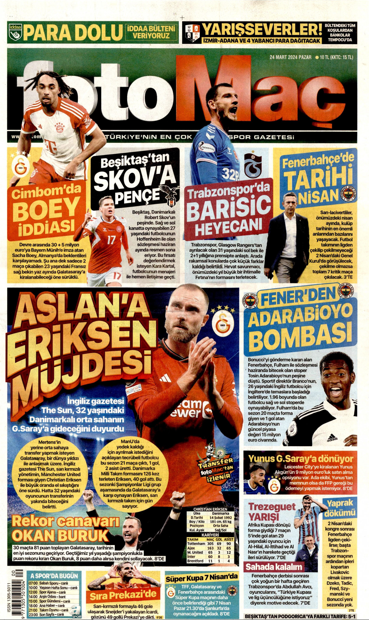 FOTOMAÇ gazetesinin 24 Mart 2024 tarihli birinci sayfası