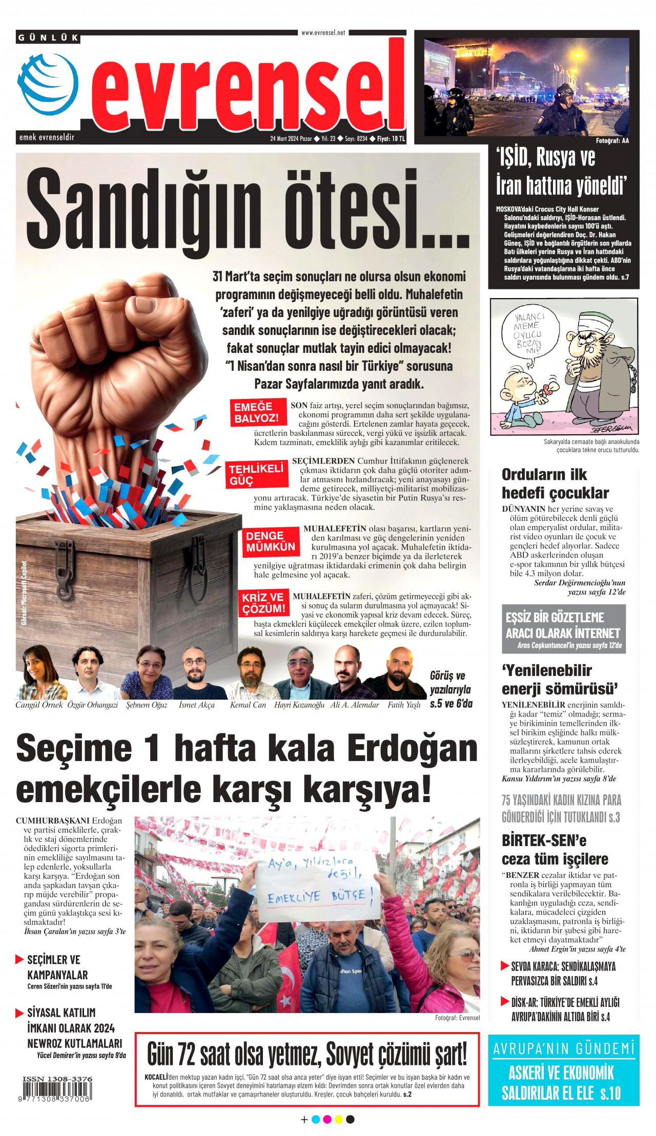 EVRENSEL gazetesinin 24 Mart 2024 tarihli birinci sayfası