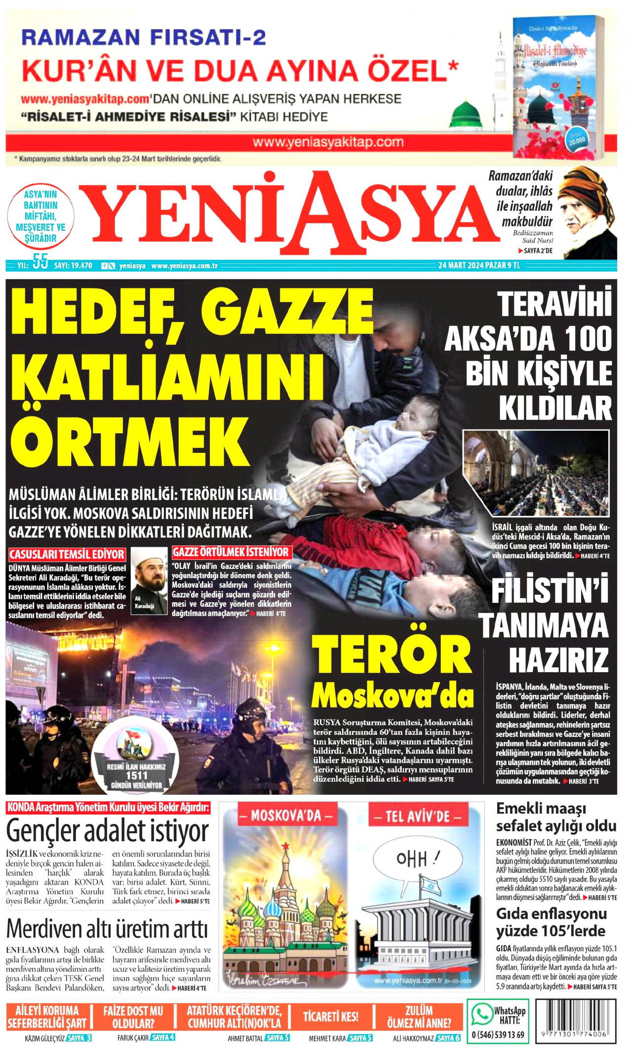 YENİ ASYA gazetesinin 24 Mart 2024 tarihli birinci sayfası