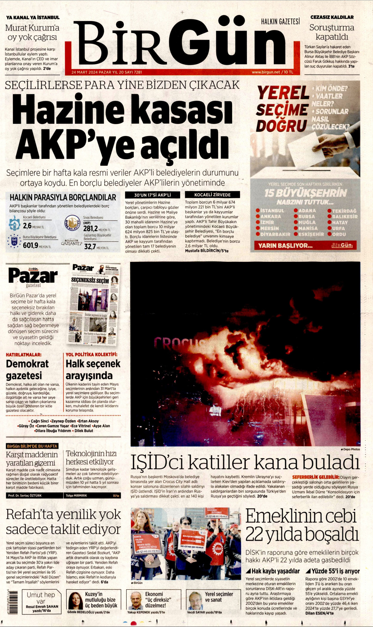 BİRGÜN gazetesinin 24 Mart 2024 tarihli birinci sayfası