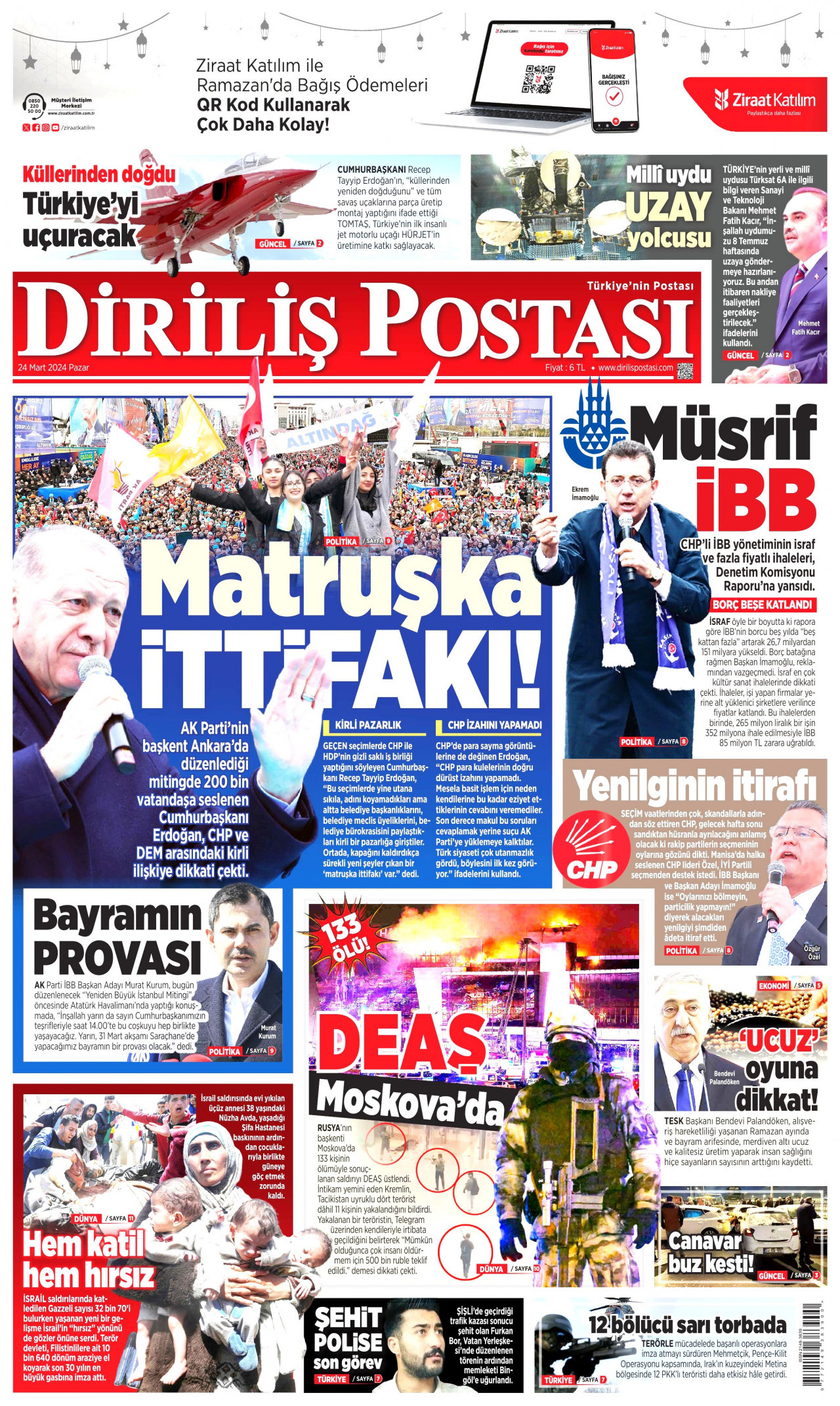 DİRİLİŞ POSTASI gazetesinin 24 Mart 2024 tarihli birinci sayfası
