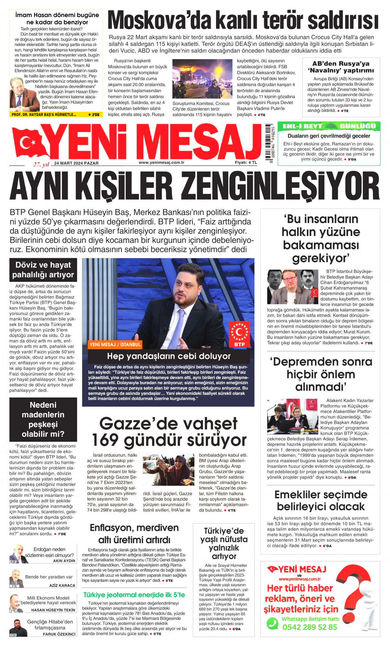YENİ MESAJ gazetesinin 24 Mart 2024 tarihli birinci sayfası