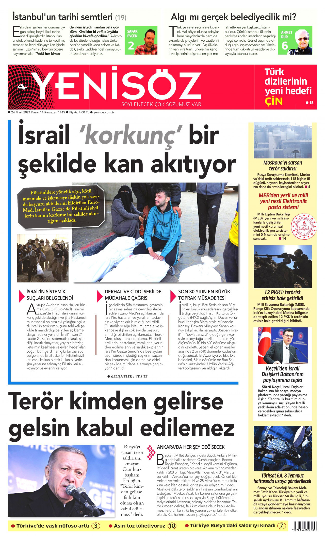 YENİ SÖZ GAZETESİ gazetesinin 24 Mart 2024 tarihli birinci sayfası