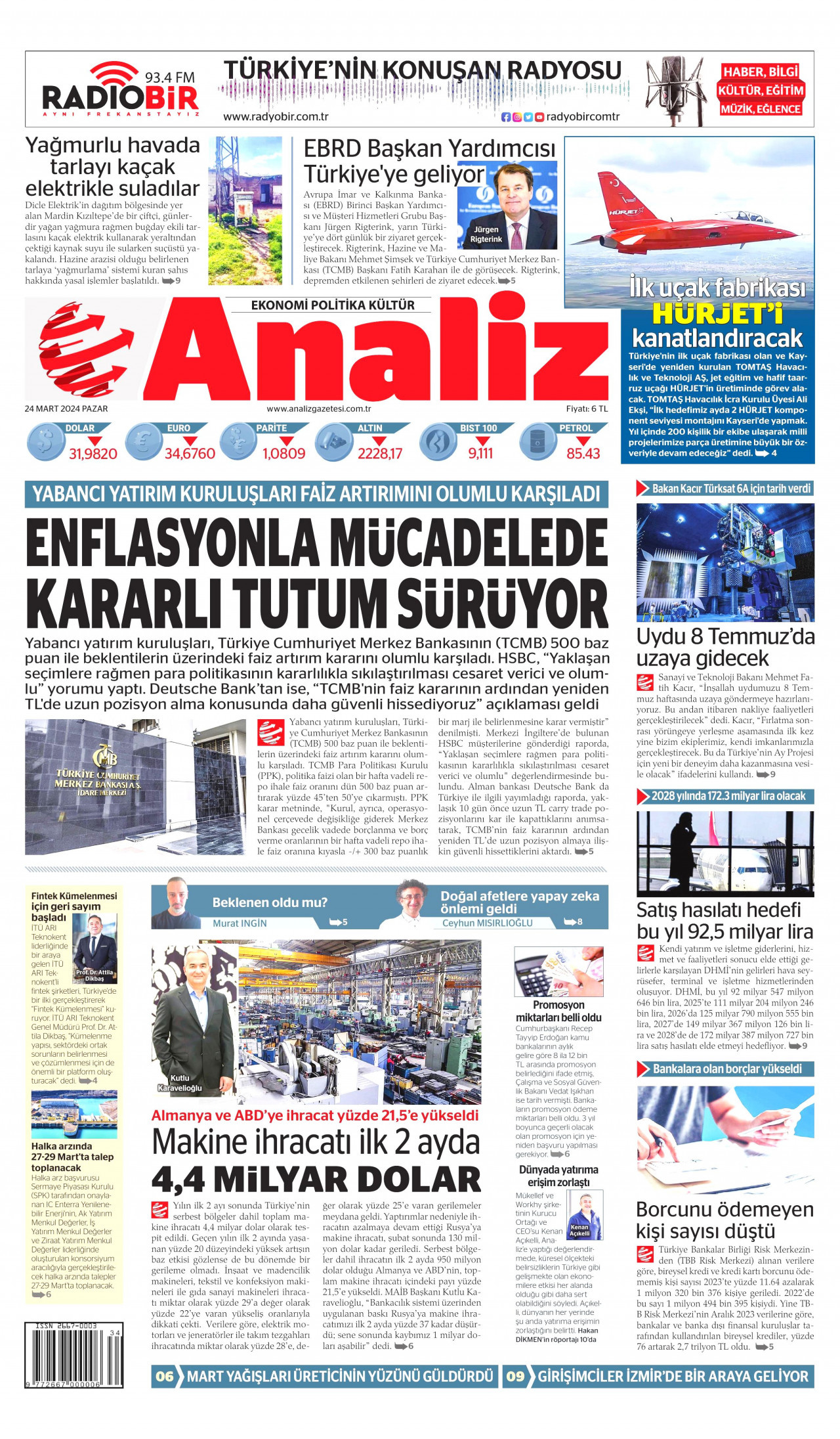 ANALİZ gazetesinin 24 Mart 2024 tarihli birinci sayfası