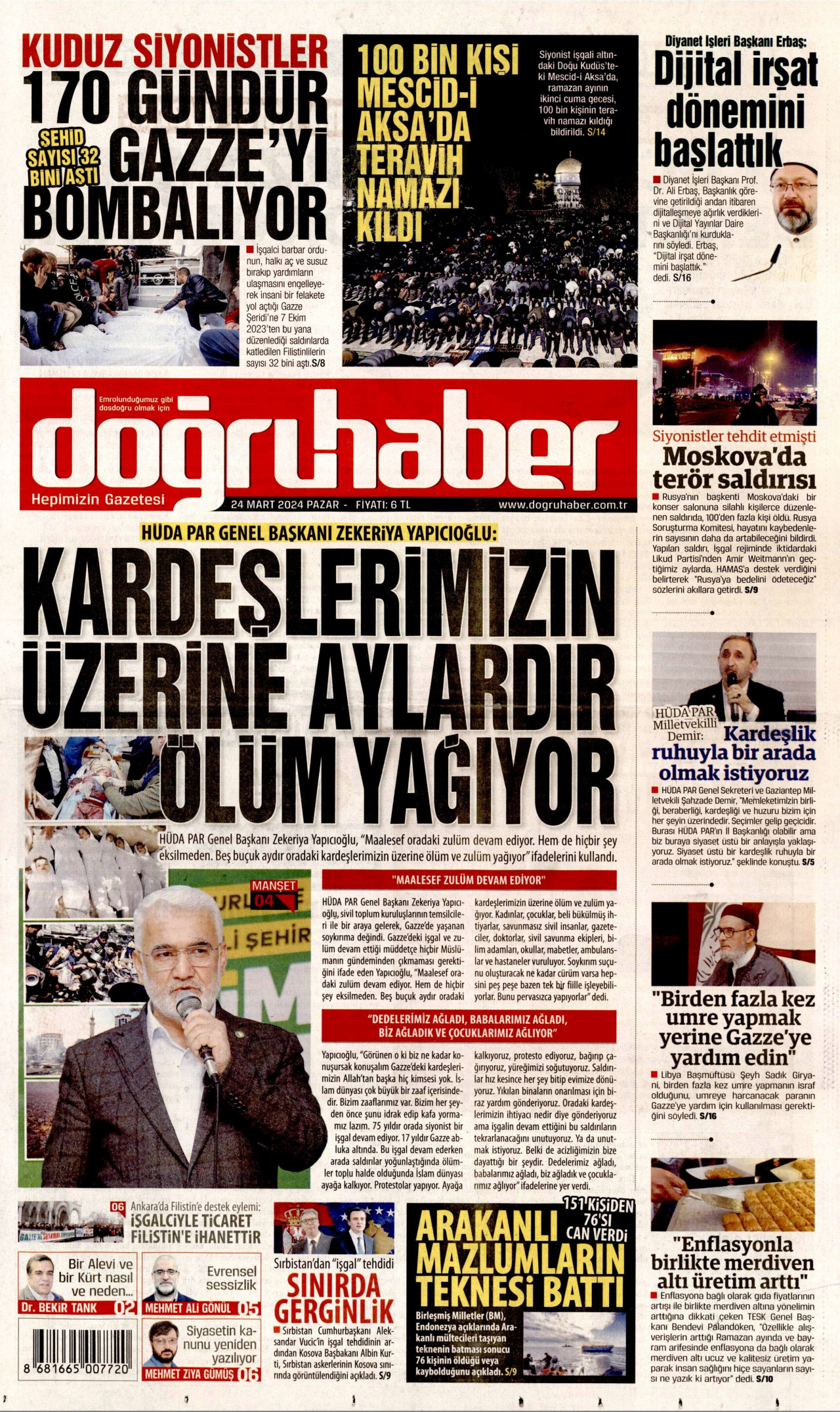 DOĞRU HABER gazetesinin 24 Mart 2024 tarihli birinci sayfası