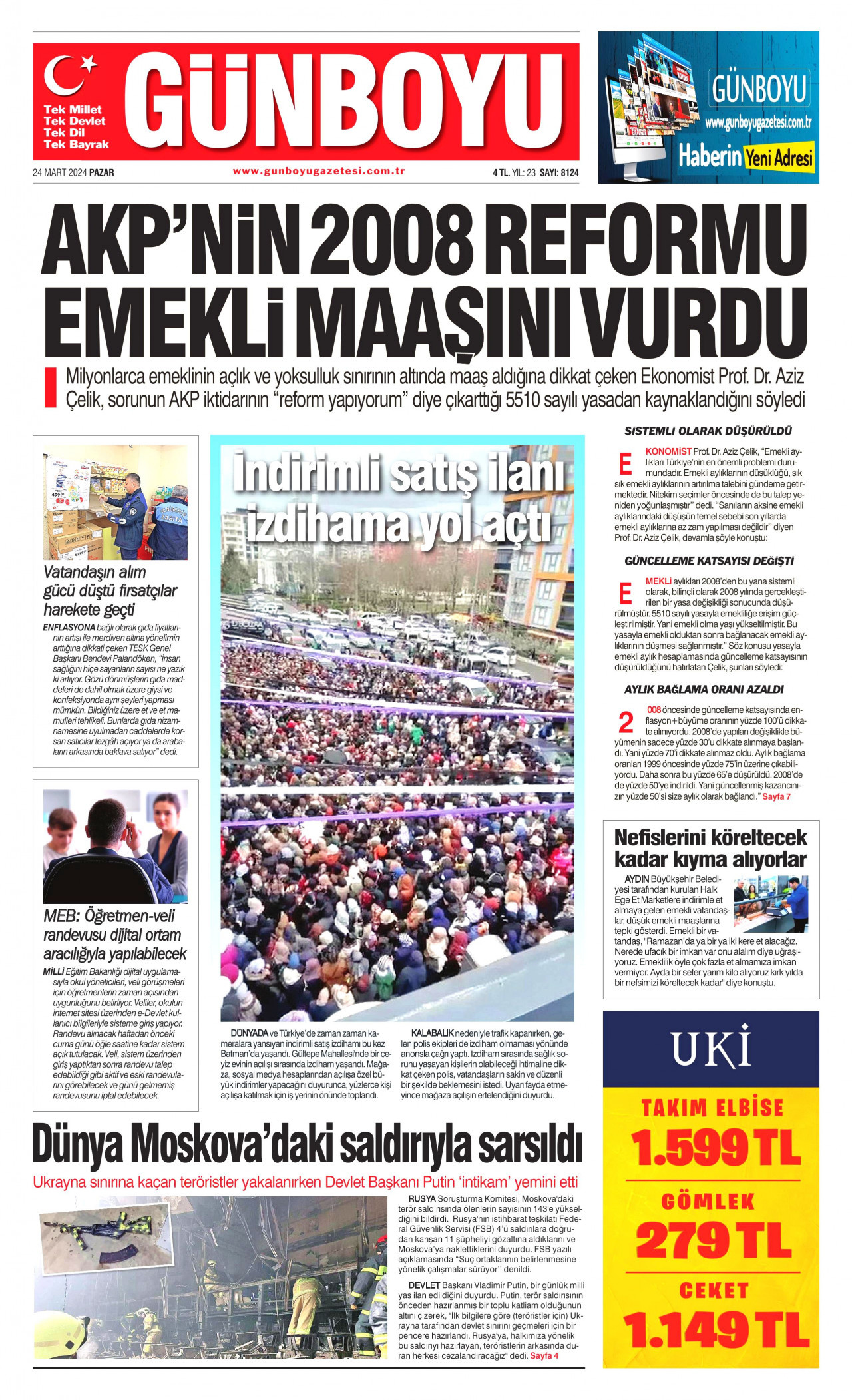 GÜNBOYU gazetesinin 24 Mart 2024 tarihli birinci sayfası