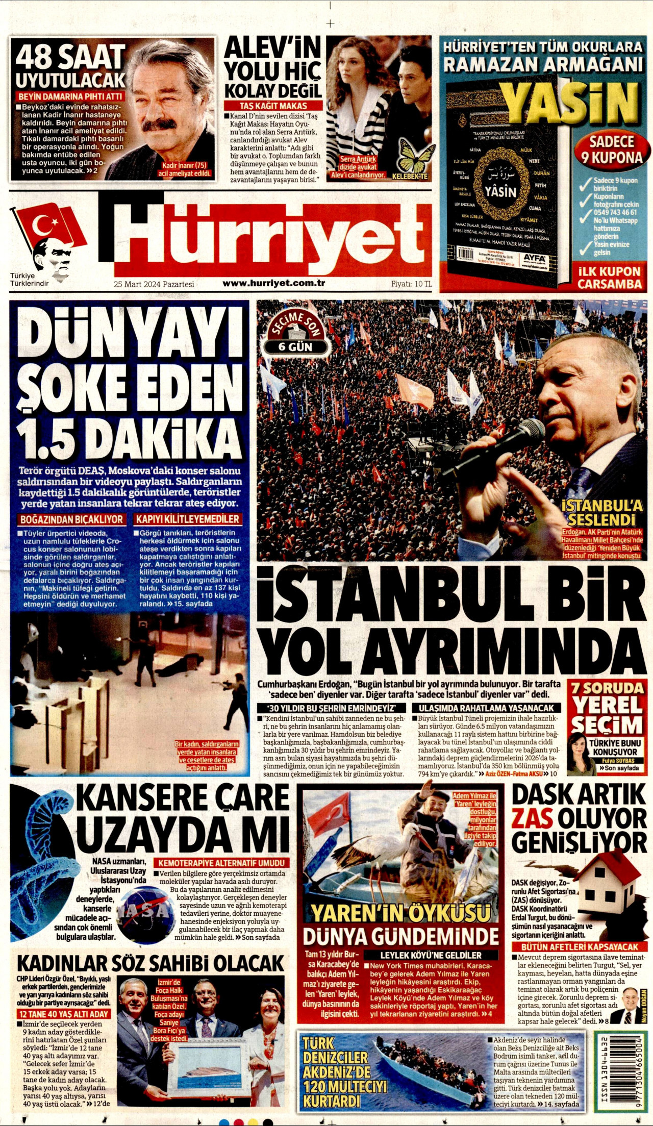 HÜRRİYET gazetesinin 25 Mart 2024 tarihli birinci sayfası