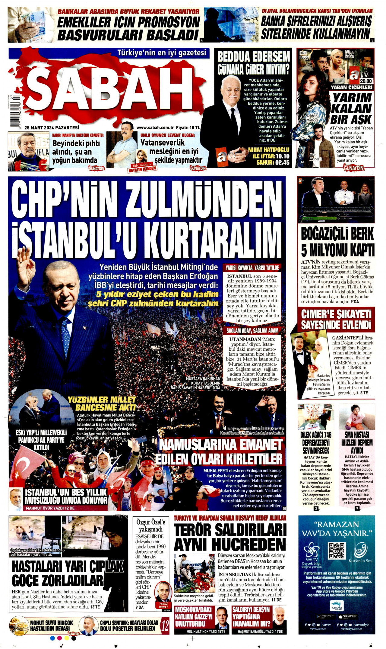 SABAH gazetesinin 25 Mart 2024 tarihli birinci sayfası