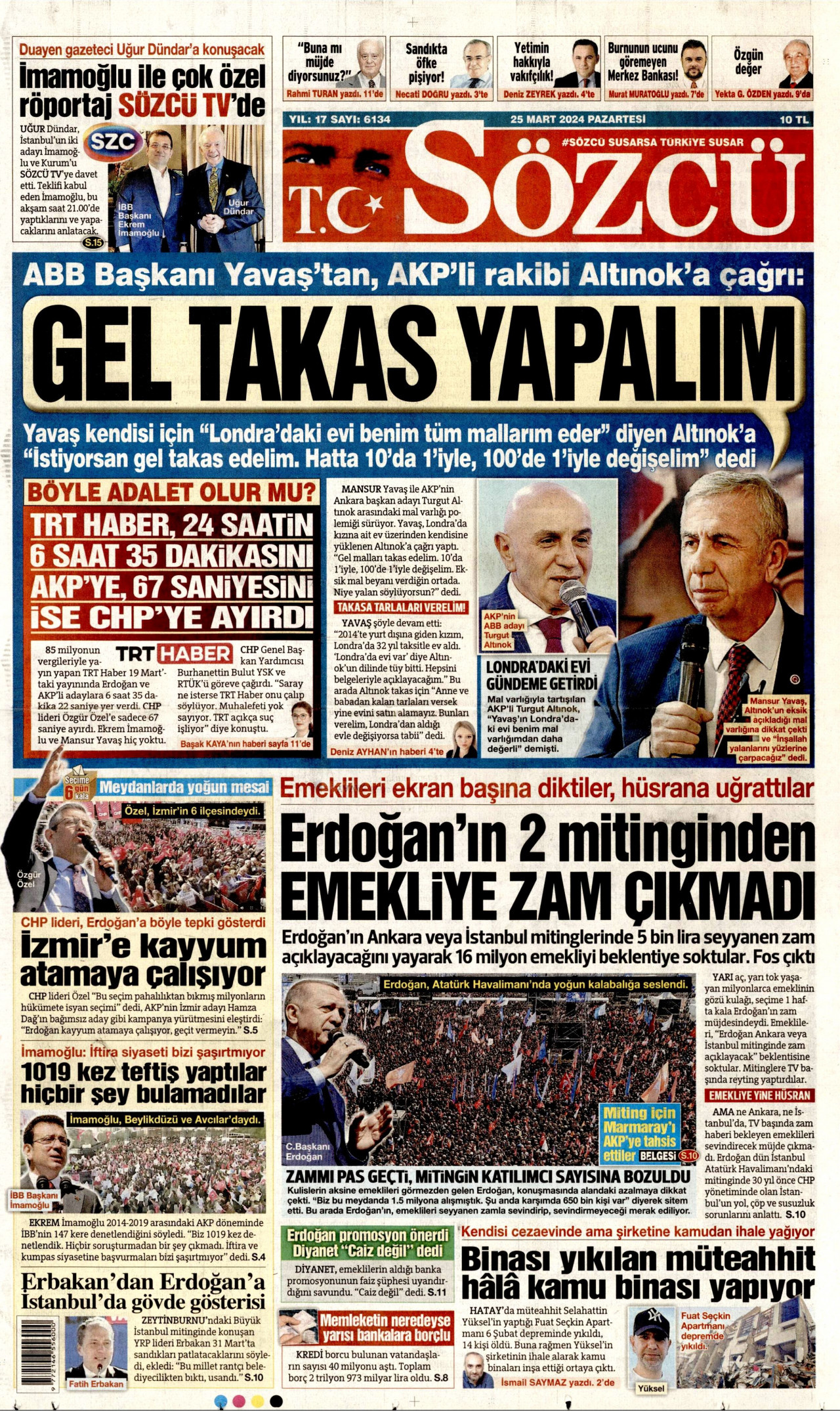 SÖZCÜ gazetesinin 25 Mart 2024 tarihli birinci sayfası