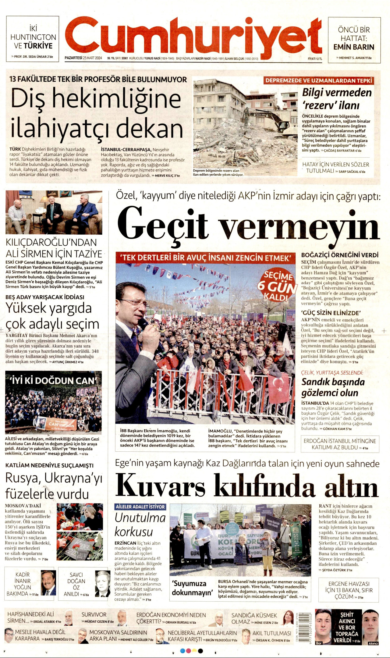 CUMHURİYET gazetesinin 25 Mart 2024 tarihli birinci sayfası
