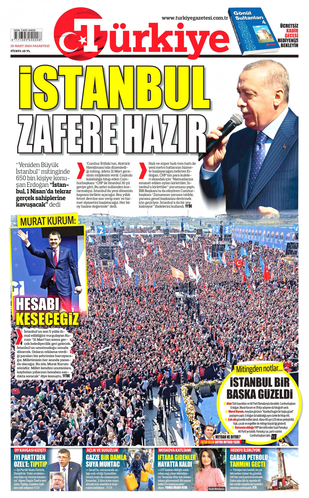 TÜRKİYE GAZETESİ gazetesinin 25 Mart 2024 tarihli birinci sayfası