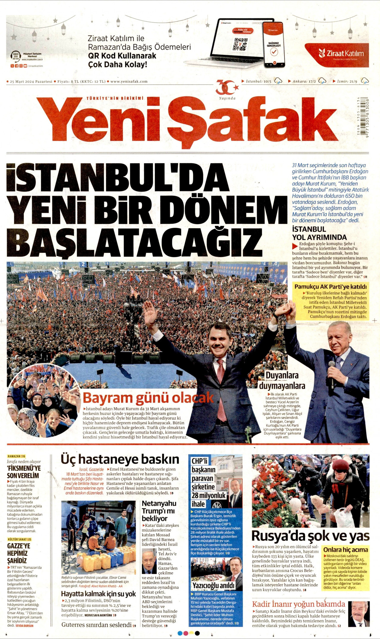 YENİ ŞAFAK gazetesinin 25 Mart 2024 tarihli birinci sayfası
