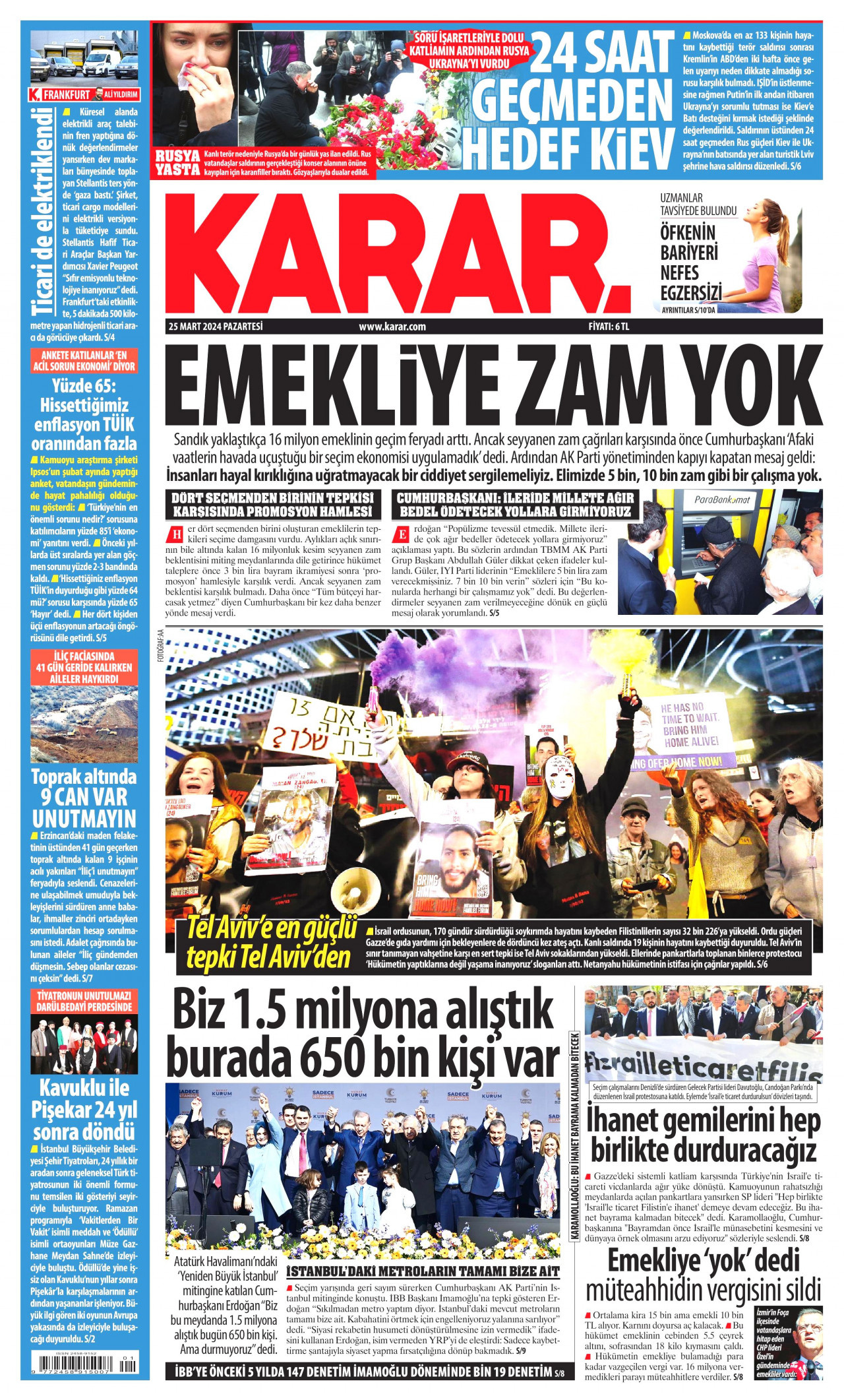 KARAR gazetesinin 25 Mart 2024 tarihli birinci sayfası