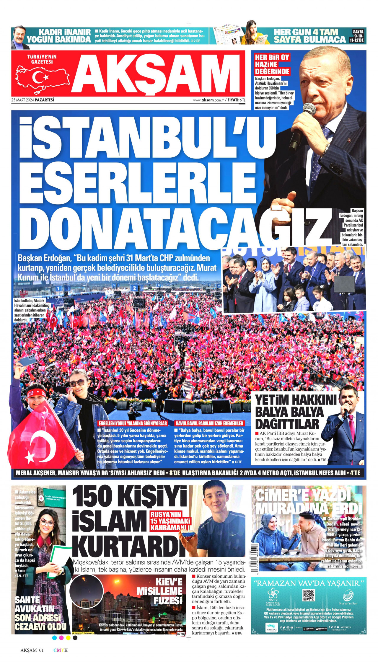 AKŞAM gazetesinin 25 Mart 2024 tarihli birinci sayfası