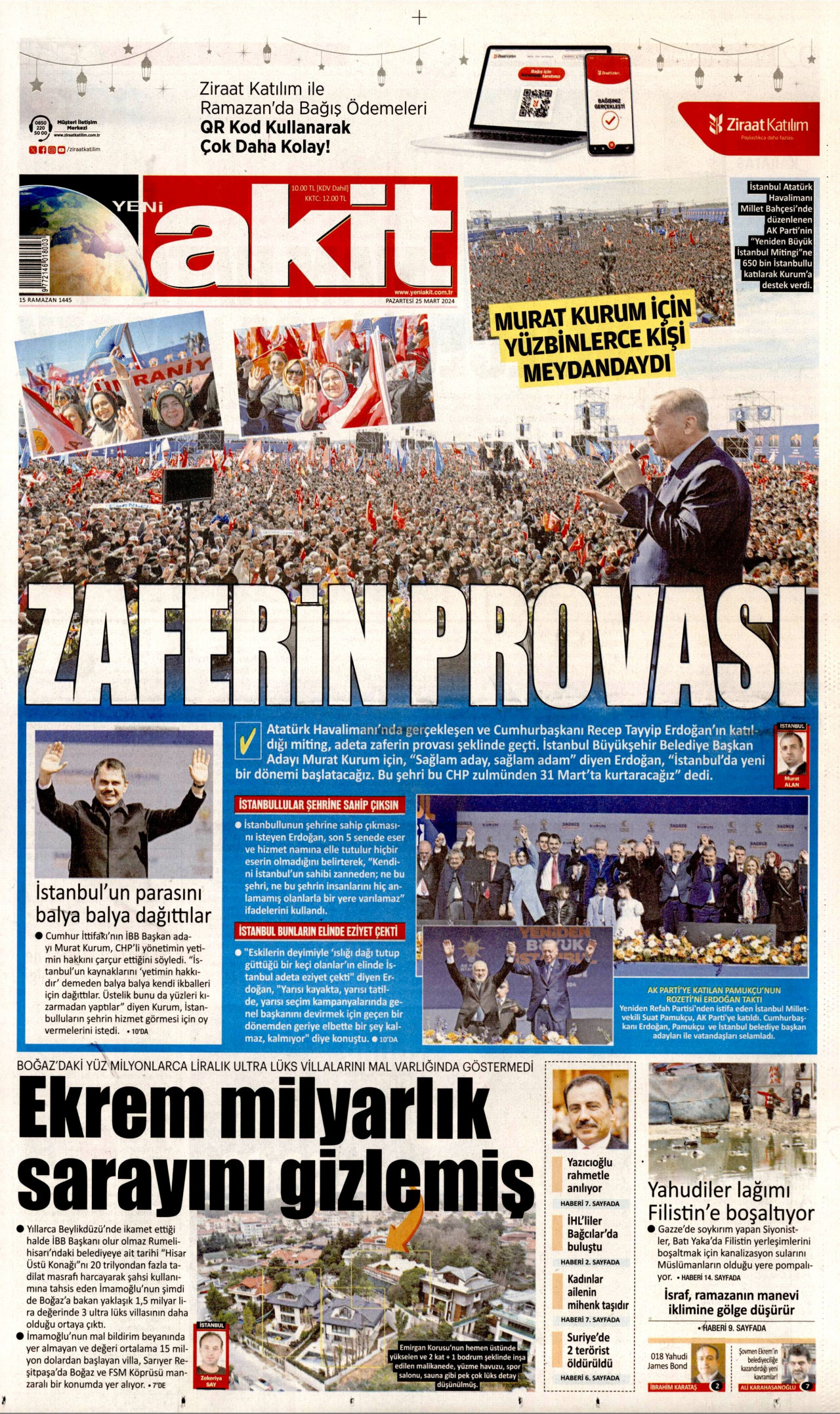 YENİ AKİT gazetesinin 25 Mart 2024 tarihli birinci sayfası